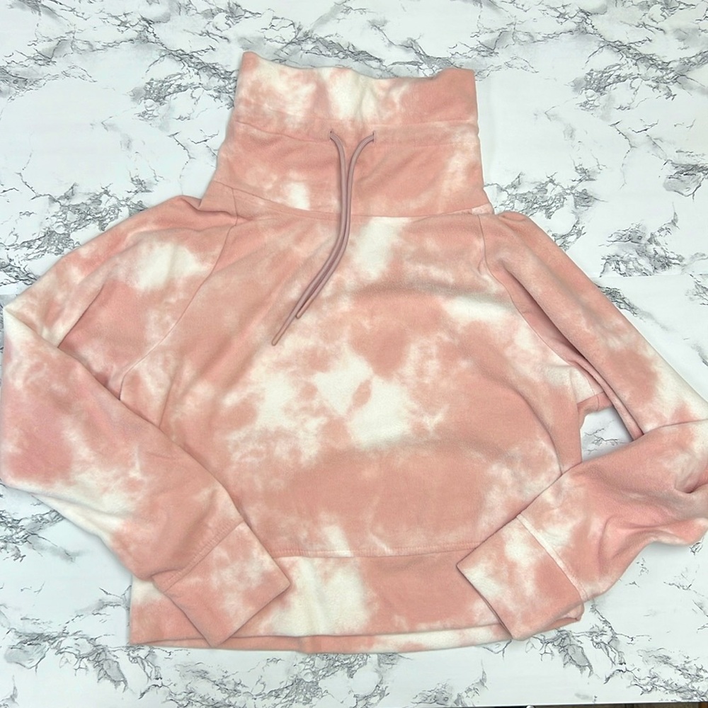 Go-Warm Pink and White Old Navy Cropped Fleece Funnel-Neck Sweatshirt - 1029